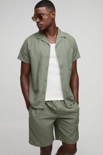 Regular Revere Linen Look Shirt & Short Set olive