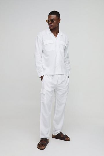 Oversized Linen Blend Cargo Pocket Shirt & Trouser Set white