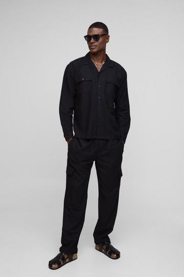 Oversized Linen Blend Cargo Pocket Shirt & Trouser Set black