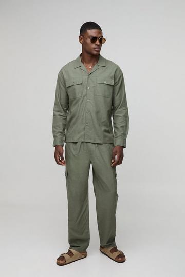 Olive Green Oversized Cargo Pocket Shirt & Trouser Set