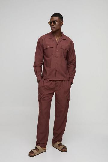 Oversized Linen Look Cargo Pocket Shirt & Trouser Set chocolate