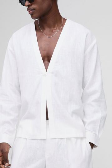 Heavyweight Linen Collarless Long Sleeve Regular Fit Shirt white