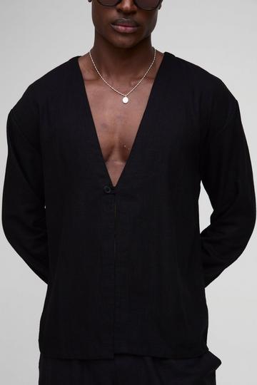 Black Heavyweight Linen Collarless Long Sleeve Regular Fit Shirt