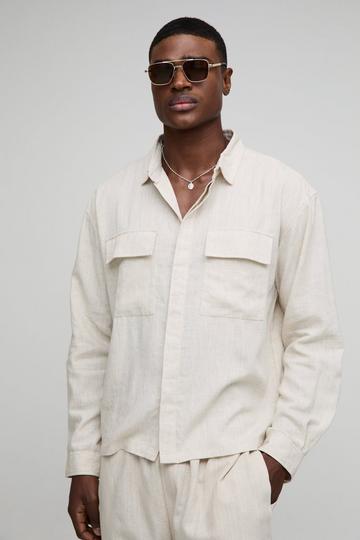 Heavyweight Linen Blend Regular Concealed Placket Cargo Overshirt natural