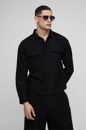 Black Heavyweight Linen Regular Concealed Placket Cargo Overshirt