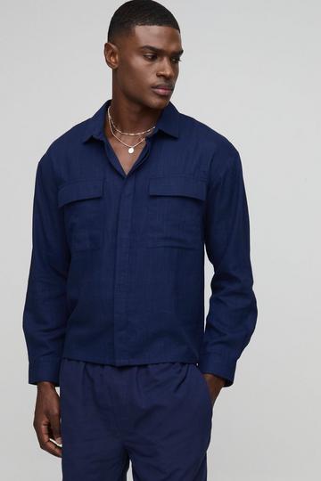 Navy Heavyweight Linen Regular Concealed Placket Cargo Overshirt