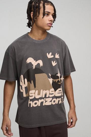 Oversized Gebleekt Sunset Western T-Shirt Met Print En Reliëf brown