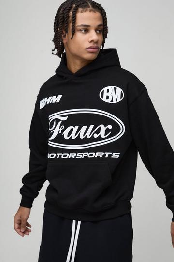 Black Oversized Boxy Moto Faux Graphic Hoodie