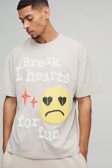 Oversized Break Hearts Slogan Puff Print T-Shirt stone