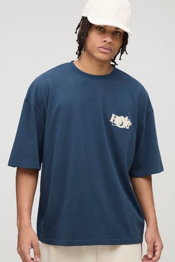 Blue Oversized Boxy Homme Applique Peached T-Shirt