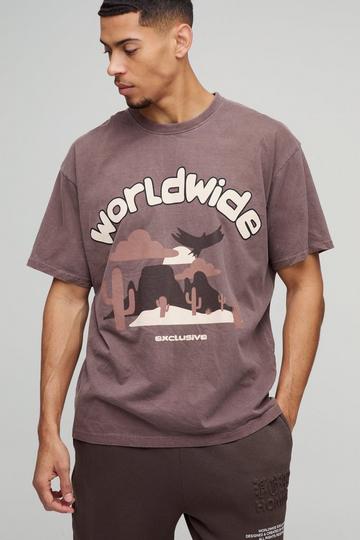 Oversized Tonal Worldwide Western Washed Graphic T-Shirt brown