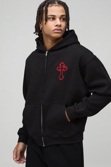 Oversized Boxy Zip Through Embroidered Gothic Cross Hoodie black