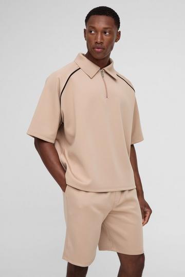 Oversized Boxy Raglan Scuba Polo & Short Set taupe