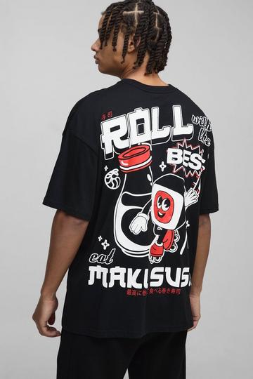 Oversized Sushi Cartoon Print T-Shirt black