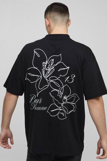 Oversized Bloemen T-Shirt Met Brede Nek En Lijntekening black