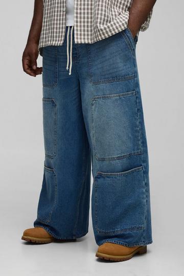 Plus Super Baggy Contrast Stitch Elasticated Waist Cargo Jeans mid wash