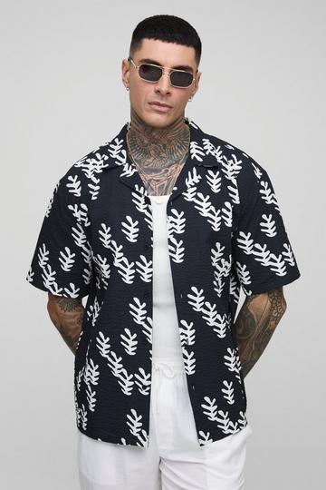 Tall Oversized Boxy Seersucker Bloemen Overhemd Met Revers Kraag black