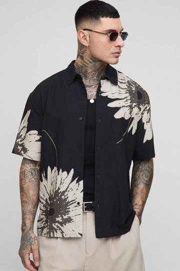 Tall Oversized Linen Look Placement Floral Shirt black