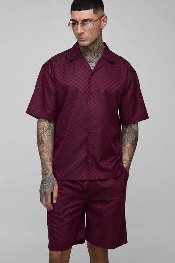 Tall Oversized Revere Satin Checkerboard Shirt & Relaxed Short Set red