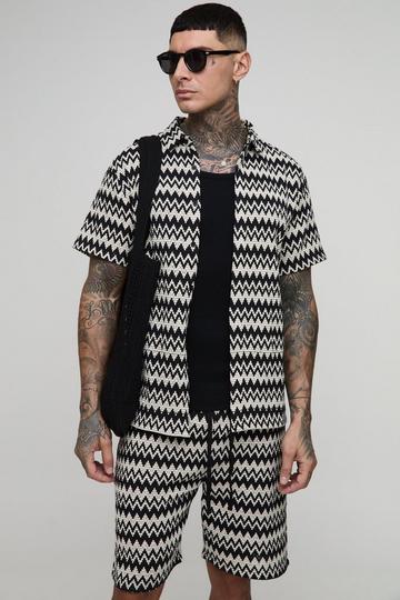 Tall Gehaakt Open Geweven Regular Fit Overhemd En Shorts Set black
