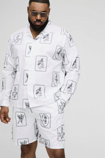 Plus Geborduurd Regular Fit Poplin Overhemd Met Revers Kraag En Baggy Shorts Set white