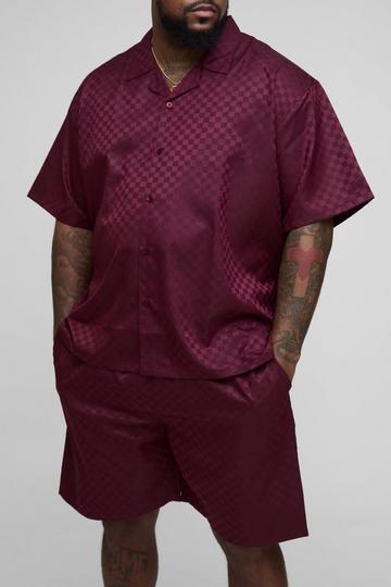 Plus Oversized Revere Satin Checkerboard Shirt & Relaxed Short Set red