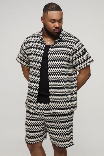 Plus Gehaakte Open Geweven Regular Fit Overhemd En Shorts Set black