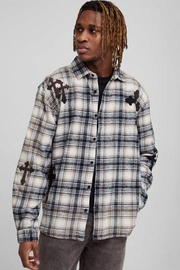 Tall Oversized Cross Applique Bleached Check Shirt red