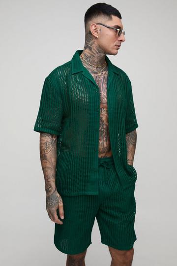 Tall Oversized Gehaakt Drop Overhemd Met Revers Kraag En Shorts Set green