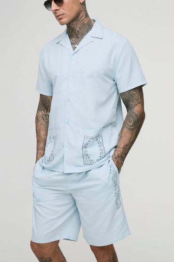 Tall Geborduurd Linnen Look Regular Fit Overhemd En Shorts Set light blue