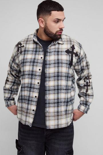 Plus Oversized Cross Applique Bleached Check Shirt red