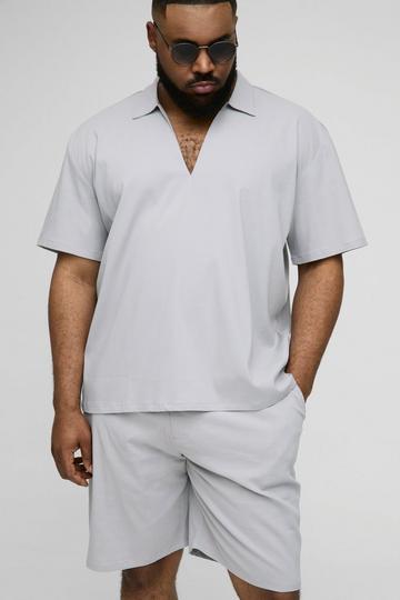 Plus Oversized Overhead Seersucker Overhemd Met V-Hals En Shorts Set grey