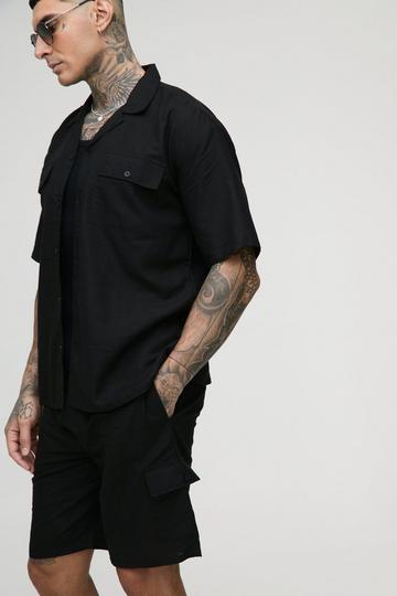 Black Tall Oversized Short Sleeve Linen Cargo Shirt & Short Set