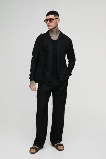 Black Tall Regular Linen Cargo Shirt & Trouser Set