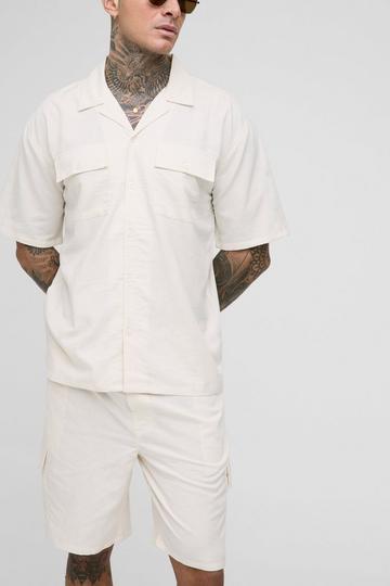 Tall Oversized Short Sleeve Linen Cargo Shirt & Short Set natural