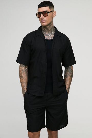 Black Tall Short Sleeve Oversized Linen Shirt & Short Set