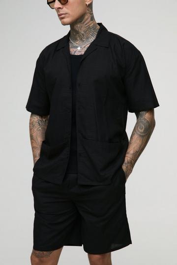 Tall Oversized Linen Deep Pocket Shirt & Short Set black