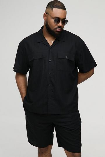 Plus Oversized Short Sleeve Linen Cargo Shirt & Short Set black