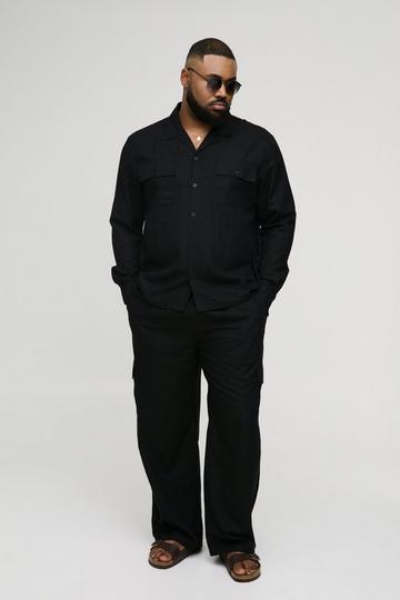 Black Plus Regular Linen Cargo Shirt & Trouser Set