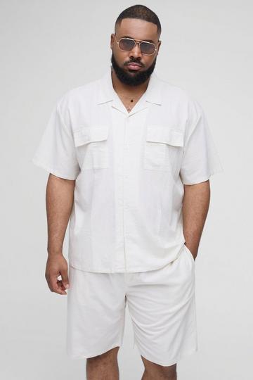 Plus Oversized Short Sleeve Linen Cargo Shirt & Short Set natural