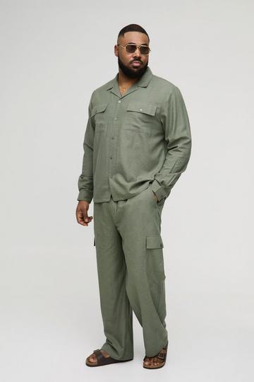 Plus Regular Linen Cargo Shirt & Trouser Set olive