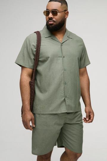 Plus Regular Linen Shirt & Short Set olive