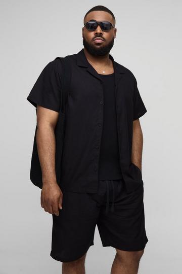 Black Plus Short Sleeve Oversized Linen Shirt & Short Set