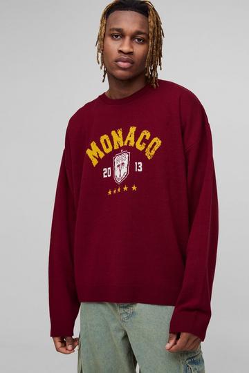 Burgundy Red Tall Monaco Varsity Boxy Oversized Knitted Jumper