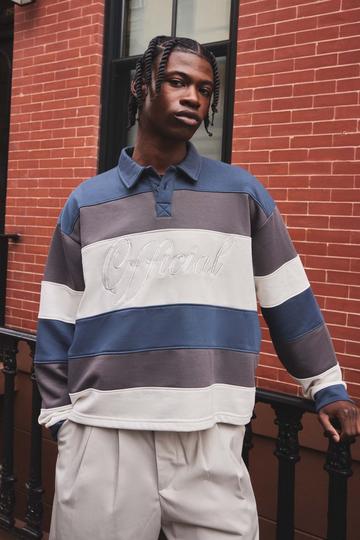 Oversized Boxy Stripe Embroidered Rugby Polo grey