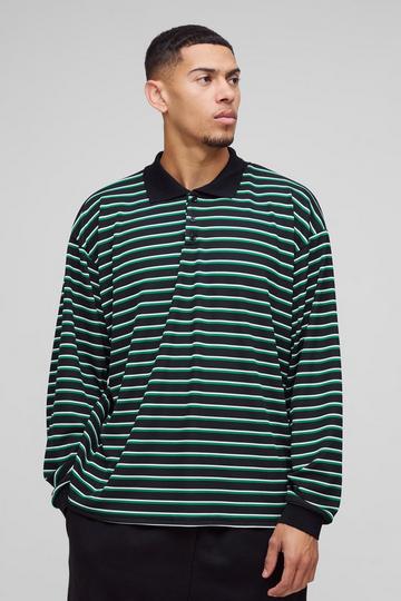 Oversized Gestreepte Geribbelde Boxy Rugby Polo green