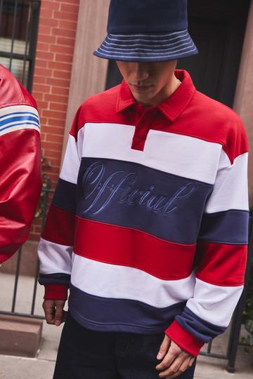 Red Oversized Boxy Stripe Embroidered Rugby Polo