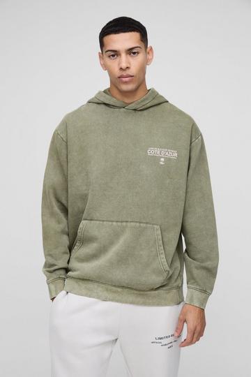 Oversized Washed Cote D'Azur Graphic Hoodie khaki