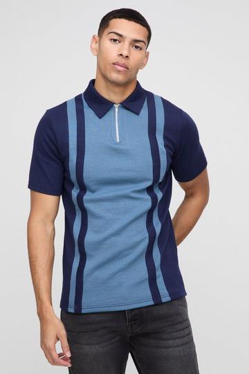 Slim Panelled Zip Neck Interlock Polo navy