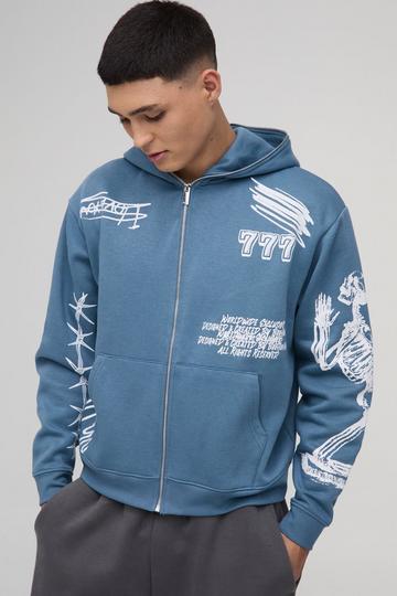 Oversized AOP Doodle Zip Through Hoodie slate